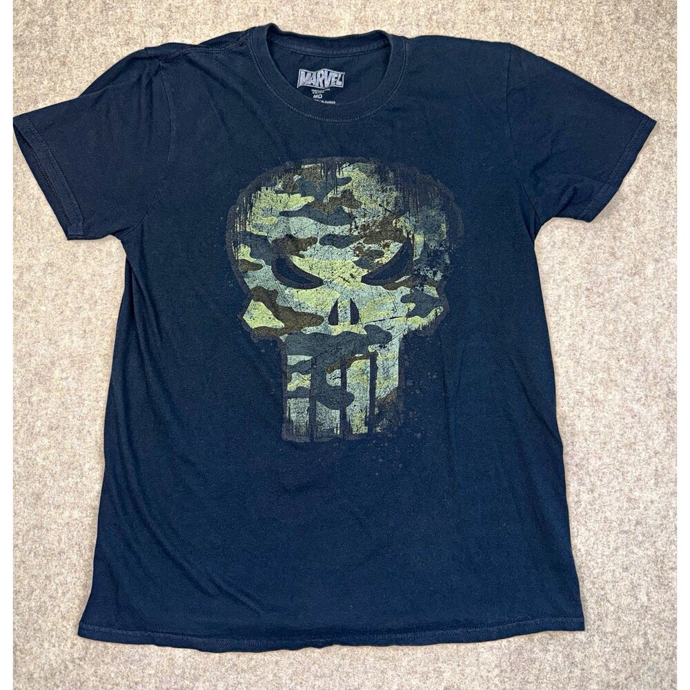 Marvel Punisher Camo Skull Graphic Black Short Sleeve Crew Neck Tee Cotton M